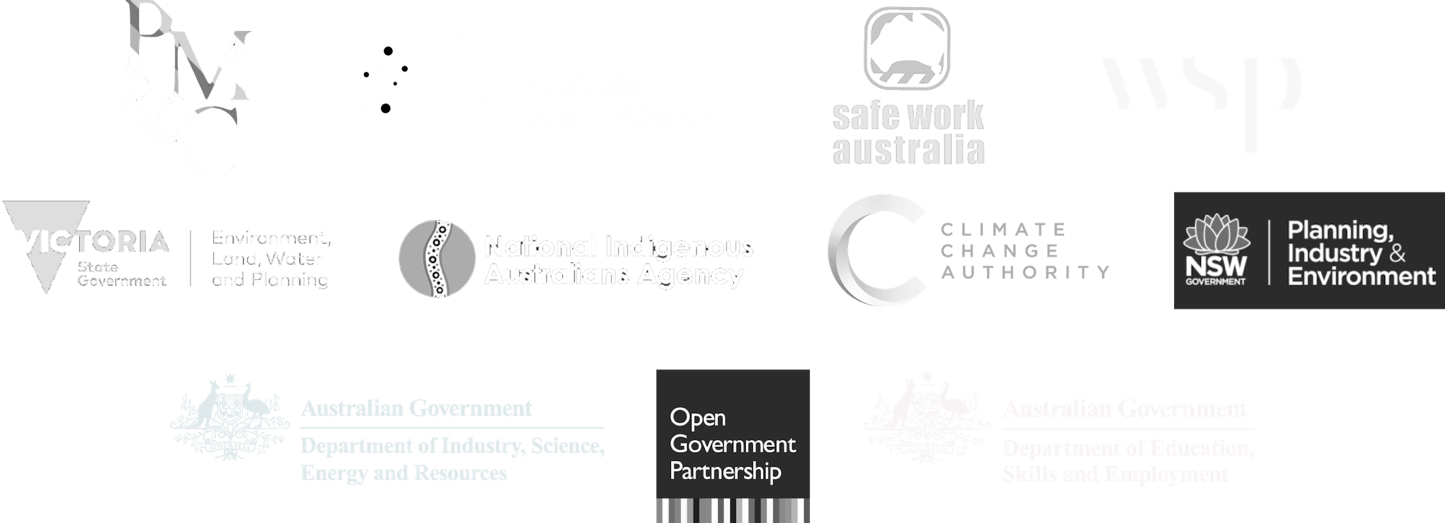 Client logos including Prime Minister & Cabinet, The Australian Space Agency, Austrade, WSP, Climate Change Authority, OGP and more